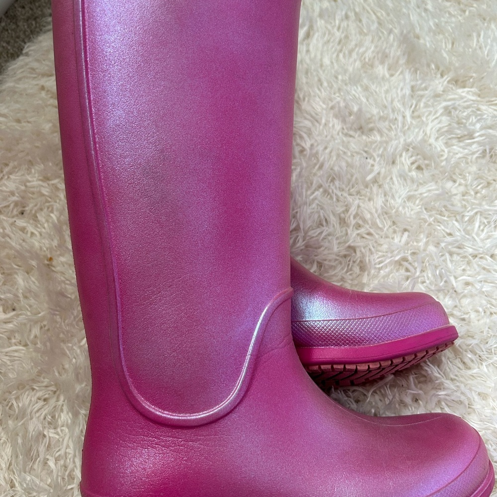 CROCS Shimmer Tall Rain Boots in Metallic Magenta - Picture 3 of 11